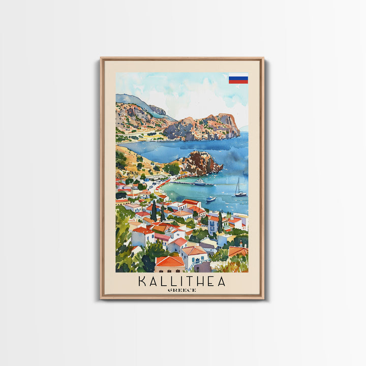 Kallithea Greece Coastal City View, Framed Canvas Print, Travel Poster, Mediterranean Wall Art, Living Room Decor, Greek Cityscape, Seaside Home Decoration