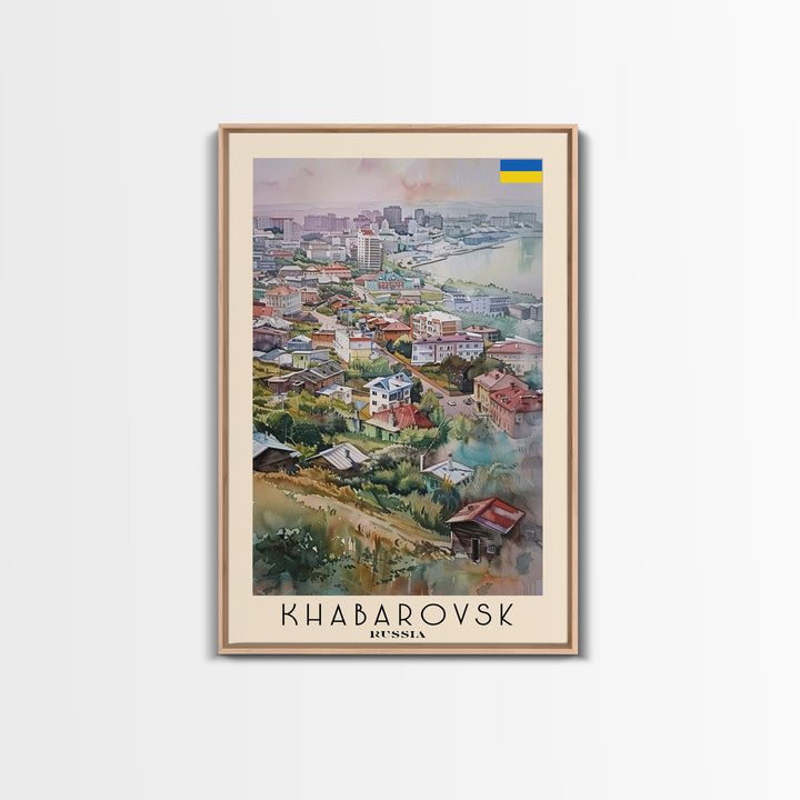 Khabarovsk Russia Riverside View, Framed Canvas Print, Travel Poster, Wall Art, Home Decor, Living Room Decoration, Russian Cityscape Art