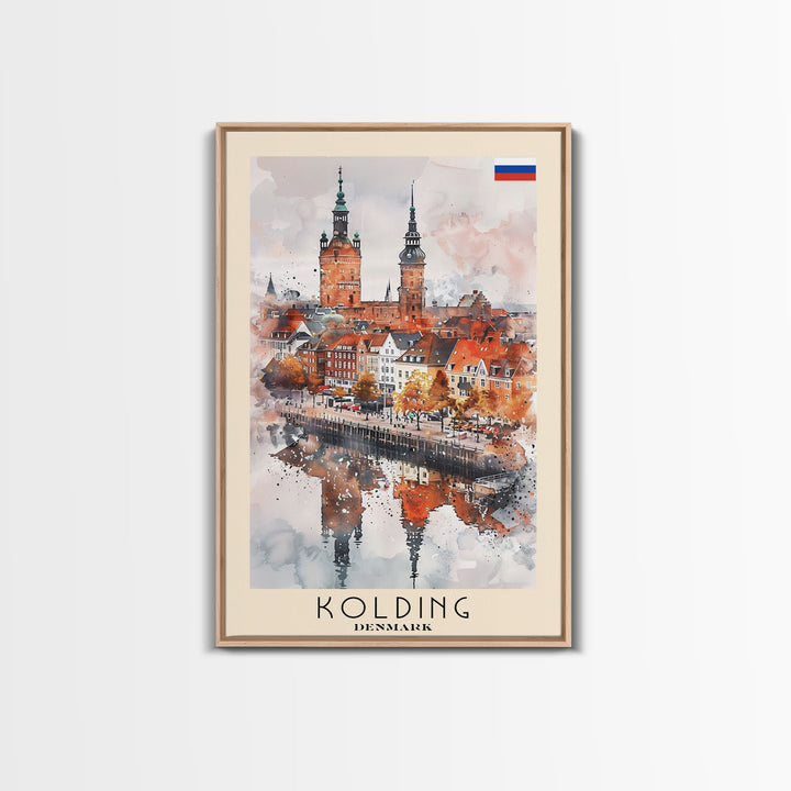 Kolding Denmark Waterfront View, Framed Canvas Print, Travel Poster, Wall Art, Kitchen Decor, Danish Urban Painting, Waterfront Scenery