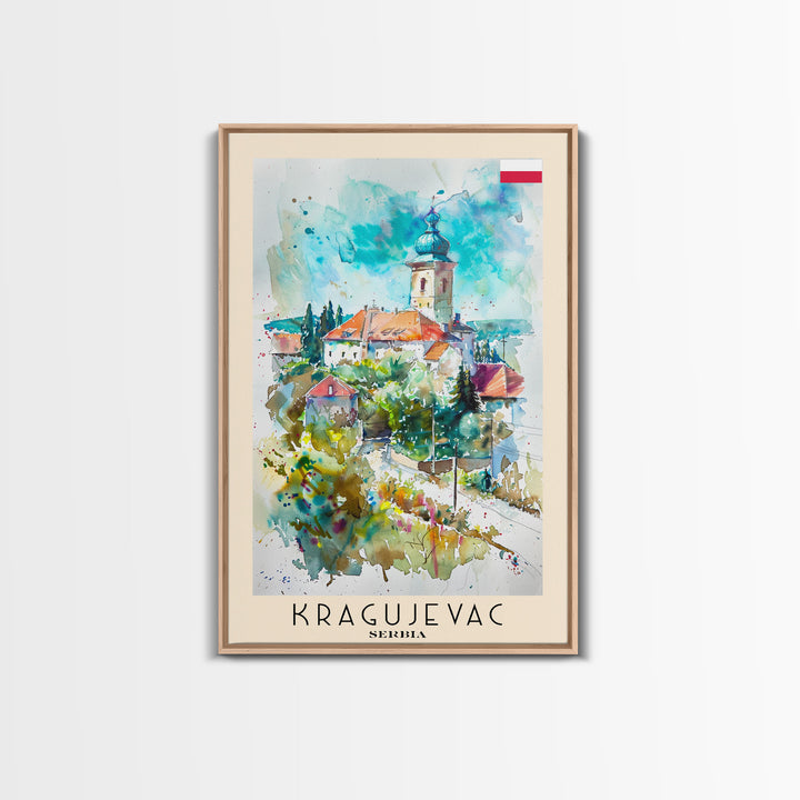 Kragujevac Serbia Travel Poster Framed Canvas Print, Watercolor Painting, Boho Wall Art, Living Room Decor, Scenic Art, Travel Print