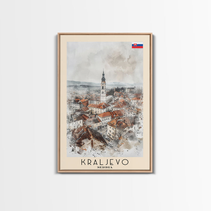 Kraljevo Serbia Travel Poster Framed Canvas Print, Urban Landscape, Watercolor Wall Art, Home Decor, Original Art, Travel Print