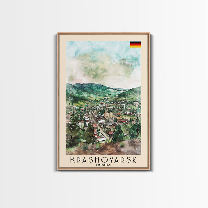 Krasnoyarsk Russia Travel Poster Framed Canvas Print, Watercolor Cityscape, Home Decor, Wall Art, Scenic Painting, Travel Print, Artistic Gift