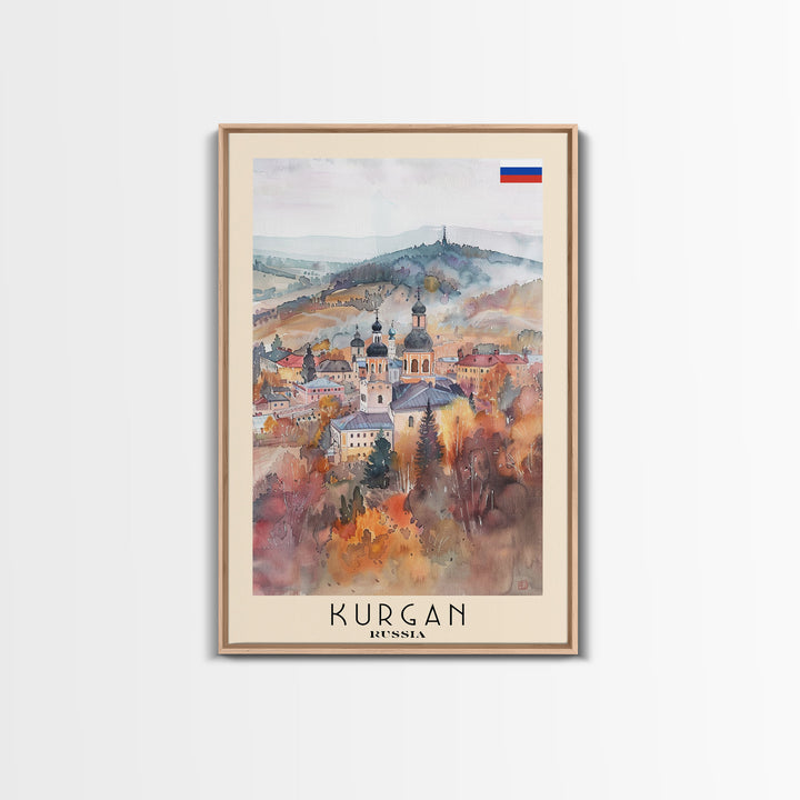 Kurgan Russia Travel Poster Framed Canvas Print, Urban Landscape, Watercolor Art, Wall Decor, Home Decoration, Travel Print, Original Art