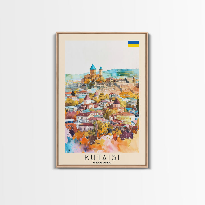 Kutaisi Georgia Travel Poster Framed Canvas Print, Scenic Landscape, Watercolor Art, Wall Decor, Home Decoration, Travel Print, Original Art