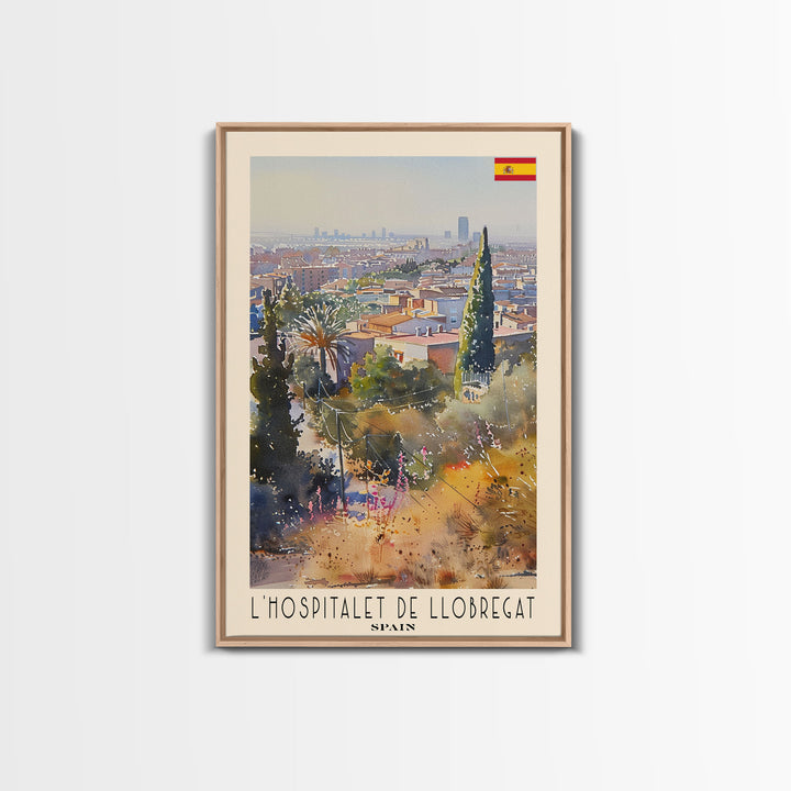 L'Hospitalet Spain Travel Poster Framed Canvas Print, Urban Landscape, Watercolor Painting, Wall Art, Home Decor, Travel Print, Artistic Gift