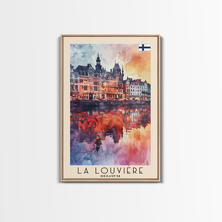 La Louviere Belgium Travel Poster Framed Canvas Print, Urban Landscape, Watercolor Art, Wall Decor, Home Decor, Travel Print, Original Art
