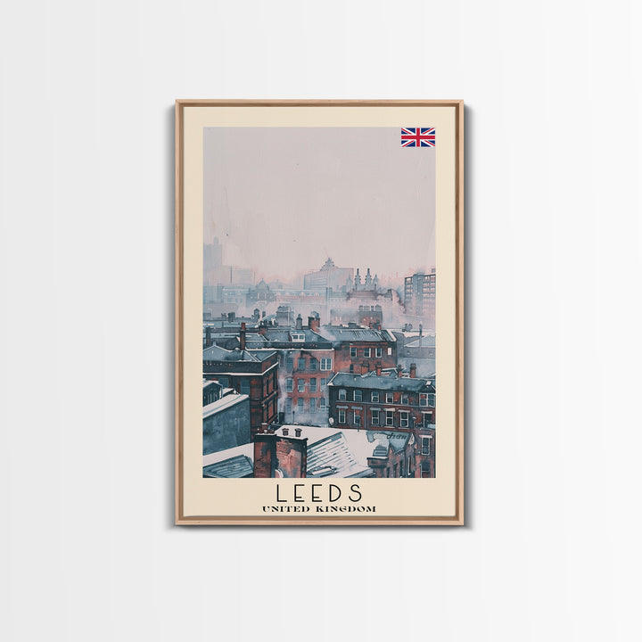 Leeds United Kingdom Travel Poster Framed Canvas Print, Urban Cityscape, Watercolor Art, Wall Decoration, Travel Print, Unique Art Gift