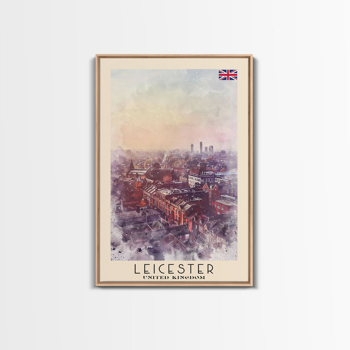 Leicester United Kingdom Travel Poster Framed Canvas Print, Historic Cityscape, Watercolor Art, Wall Decor, Home Decoration, Travel Print, Original Art