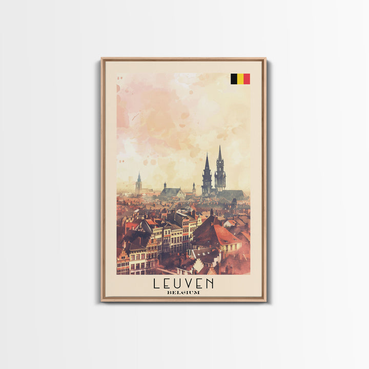 Leuven Belgium Travel Poster Framed Canvas Print, Historic Cityscape, Watercolor Art, Wall Decor, Home Decoration, Travel Print, Original Art
