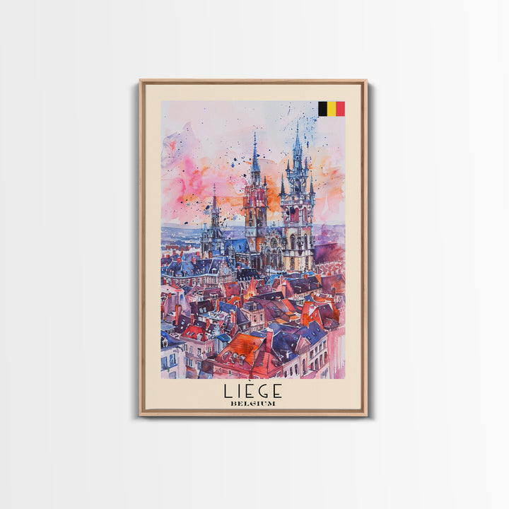 Liege Belgium Travel Poster Framed Canvas Print, Urban Landscape, Watercolor Art, Wall Decor, Home Decoration, Travel Print, Original Art