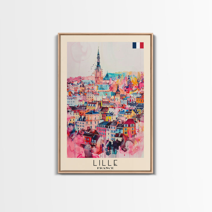 Lille France Travel Poster Framed Canvas Print, Historic Cityscape, Watercolor Painting, Wall Art, Home Decor, Travel Print, Artistic Gift