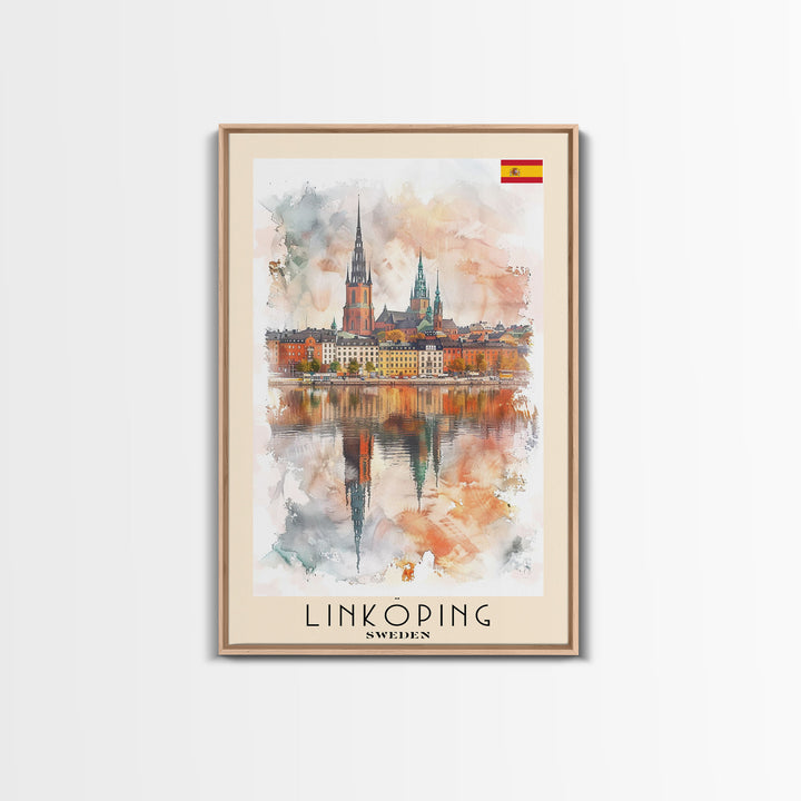 Linköping Sweden Travel Poster Framed Canvas Print, Urban Landscape, Watercolor Art, Wall Decor, Home Decoration, Travel Print, Original Art