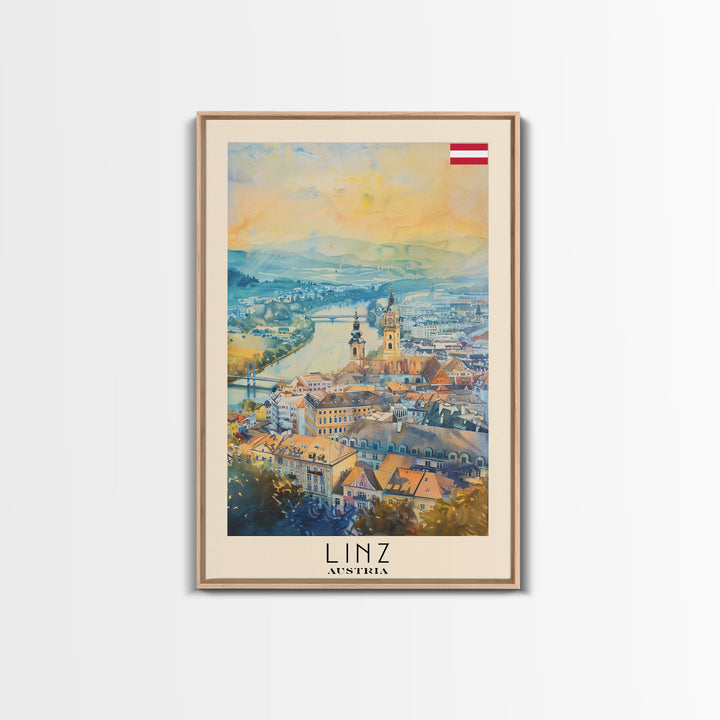 Linz Austria Travel Poster Framed Canvas Print, Scenic Landscape, Watercolor Painting, Wall Art, Home Decoration, Travel Print, Artistic Gift