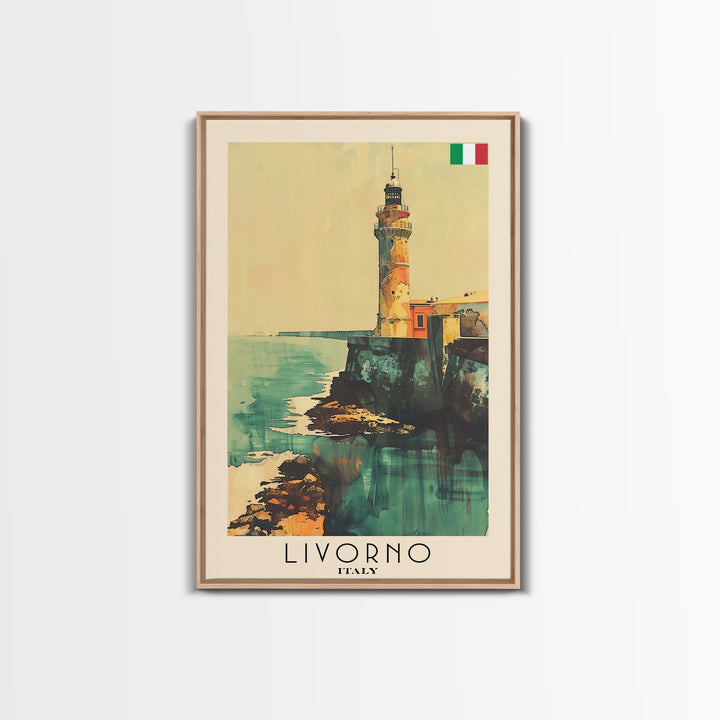 Livorno Italy Travel Poster Framed Canvas Print, Coastal Landscape, Watercolor Painting, Wall Art, Home Decor, Travel Print, Artistic Gift