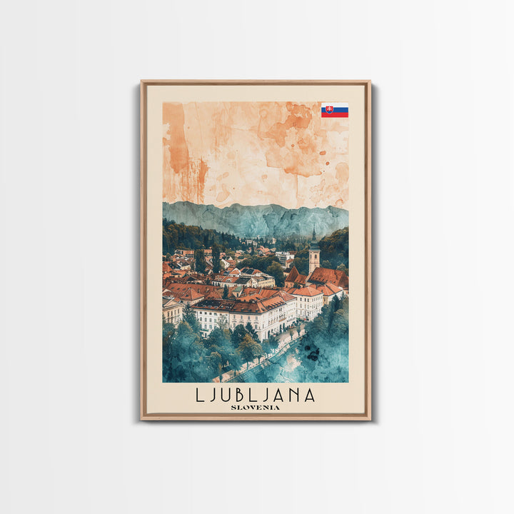 Ljubljana Slovenia Travel Poster Framed Canvas Print, Urban Landscape, Watercolor Art, Wall Decor, Home Decoration, Travel Print, Original Art