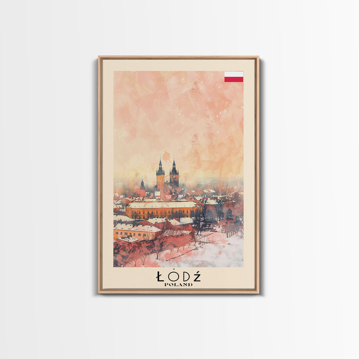 Lodz Poland Travel Poster Framed Canvas Print, Historic Cityscape, Watercolor Painting, Wall Art, Home Decor, Travel Print, Artistic Gift