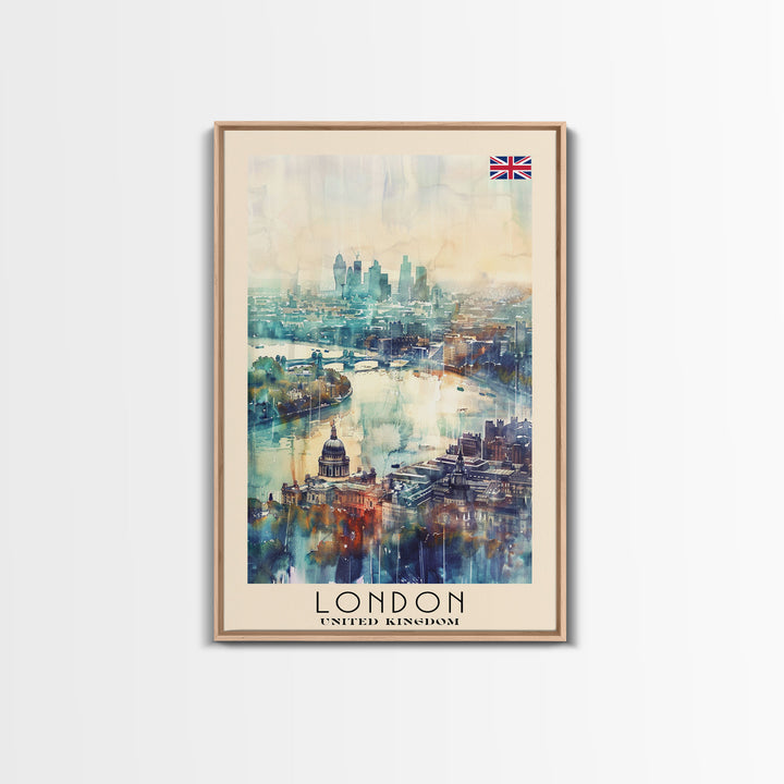 London United Kingdom Travel Poster Framed Canvas Print, Iconic Cityscape, Watercolor Art, Wall Decor, Home Decoration, Travel Print, Artistic Gift