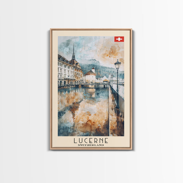 Lucerne Switzerland Travel Poster Framed Canvas Print, Scenic Landscape, Watercolor Art, Wall Decoration, Home Decor, Travel Print, Original Painting