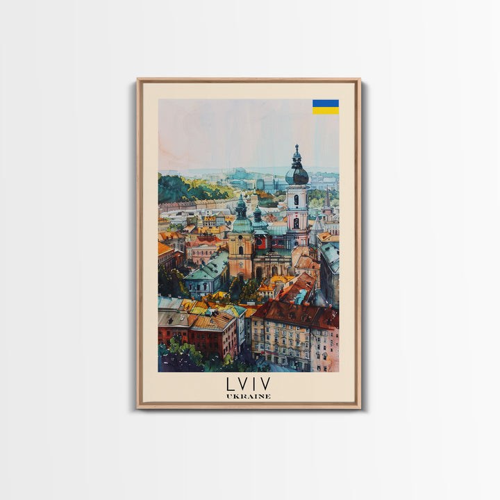 Lviv Ukraine Travel Poster Framed Canvas Print, Colorful Cityscape, Urban Wall Art, Home Decoration, Travel Print, Original Painting