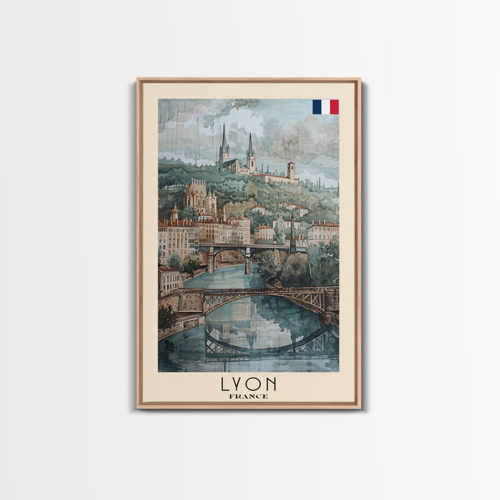 Lyon France Travel Poster Framed Canvas Print, Historic Cityscape, Watercolor Art, Wall Hanging, Home Decor, Travel Print, Art Collectible