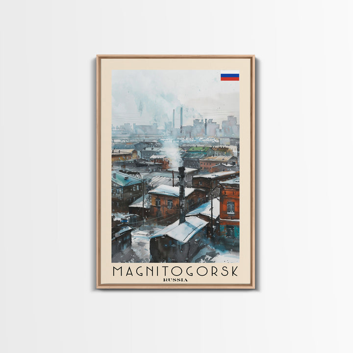 Magnitogorsk Russia Travel Poster Framed Canvas Print, Industrial Cityscape, Watercolor Painting, Wall Art, Home Decor, Travel Print, Original Piece