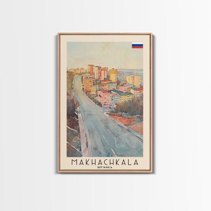Makhachkala Russia Travel Poster Framed Canvas Print, Coastal Cityscape, Watercolor Art, Wall Hanging, Home Decor, Travel Print, Artistic Gift