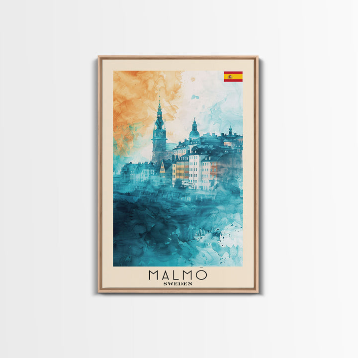 Malmo Sweden Travel Poster Framed Canvas Print, Modern Cityscape, Urban Art, Wall Hanging, Home Decor, Travel Print, Original Piece