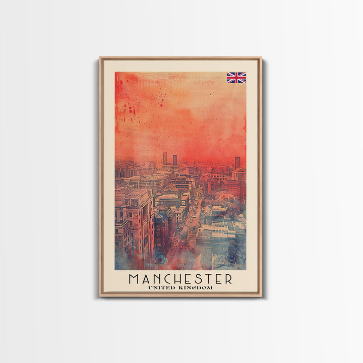 Manchester United Kingdom Travel Poster Framed Canvas Print, Iconic Landmarks, Watercolor Painting, Wall Decor, Interior Art, Travel Print, Artistic Gift