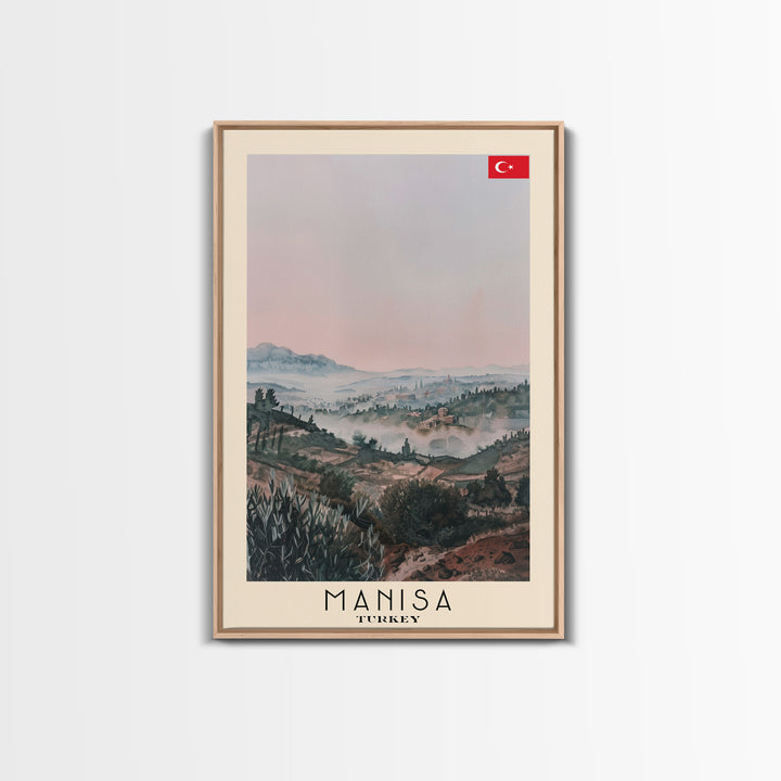 Manisa Turkey Travel Poster Framed Canvas Print, Scenic Landscape, Watercolor Art, Wall Decoration, Home Design, Travel Print, Unique Art
