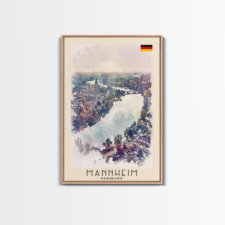 Mannheim Germany Travel Poster Framed Canvas Print, Historic Architecture, Watercolor Art, Wall Hanging, Interior Decor, Travel Print, Original Painting