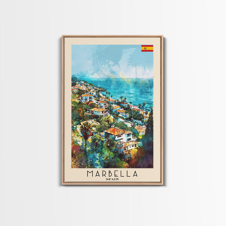Marbella Spain Travel Poster Framed Canvas Print, Coastal Cityscape, Watercolor Painting, Wall Decor, Home Decoration, Travel Print, Artistic Piece