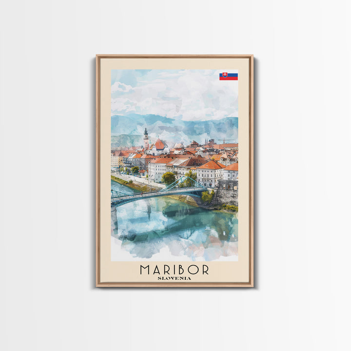 Maribor Slovenia Travel Poster Framed Canvas Print, Urban Landscape, Watercolor Art, Wall Hanging, Home Decor, Travel Print, Original Art