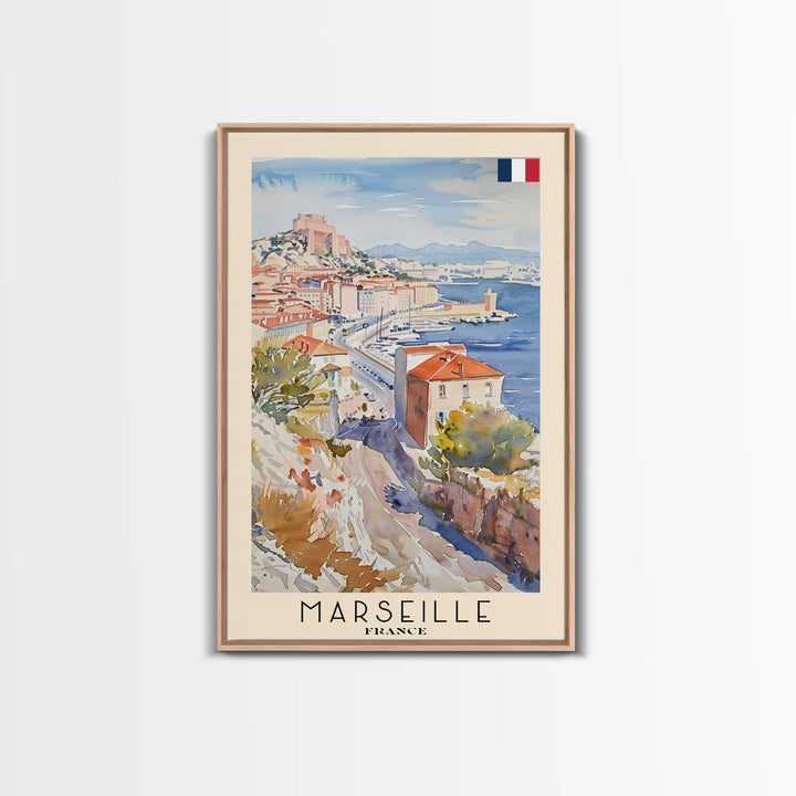 Marseille France Travel Poster Framed Canvas Print, Vibrant Cityscape, Watercolor Art, Wall Hanging, Home Decoration, Travel Print, Artistic Gift