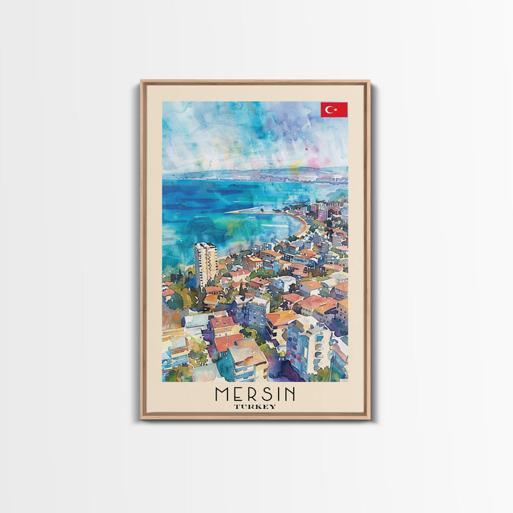 Mersin Turkey Travel Poster Framed Canvas Print, Coastal Landscape, Watercolor Art, Wall Decoration, Interior Design, Travel Print, Original Painting