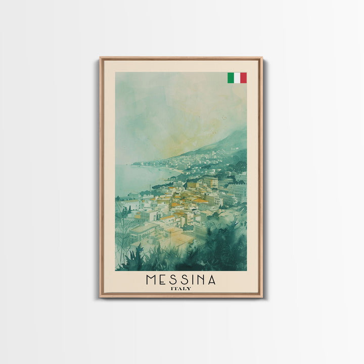 Messina Italy Travel Poster Framed Canvas Print, Urban Coastal Cityscape, Watercolor Art, Wall Decor, Home Decoration, Travel Print, Unique Art