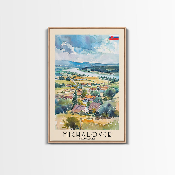 Michalovce Slovakia Travel Poster Framed Canvas Print, Scenic Landscape, Watercolor Painting, Wall Art, Home Decor, Travel Print, Original Piece