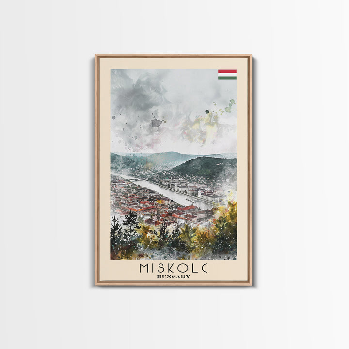 Miskolc Hungary Travel Poster Framed Canvas Print, Historic Cityscape, Watercolor Painting, Wall Decor, Home Decoration, Travel Print, Original Art
