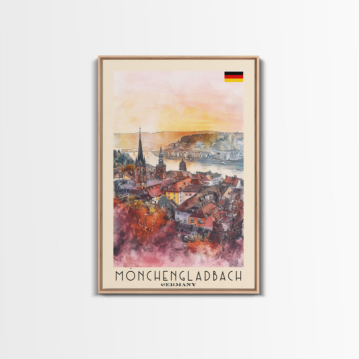 Mönchengladbach Germany Travel Poster Framed Canvas Print, Modern Cityscape, Watercolor Art, Wall Decoration, Interior Decor, Travel Print, Unique Artwork