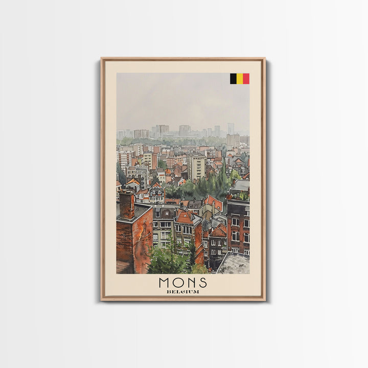 Mons Belgium Travel Poster Framed Canvas Print, Scenic Urban Landscape, Watercolor Painting, Wall Art, Home Decor, Travel Print, Original Painting