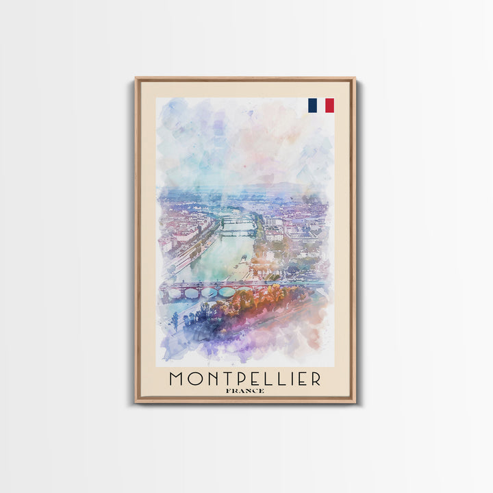 Montpellier France Travel Poster Framed Canvas Print, Vibrant Cityscape, Watercolor Art, Wall Decor, Interior Design, Travel Print, Unique Artwork