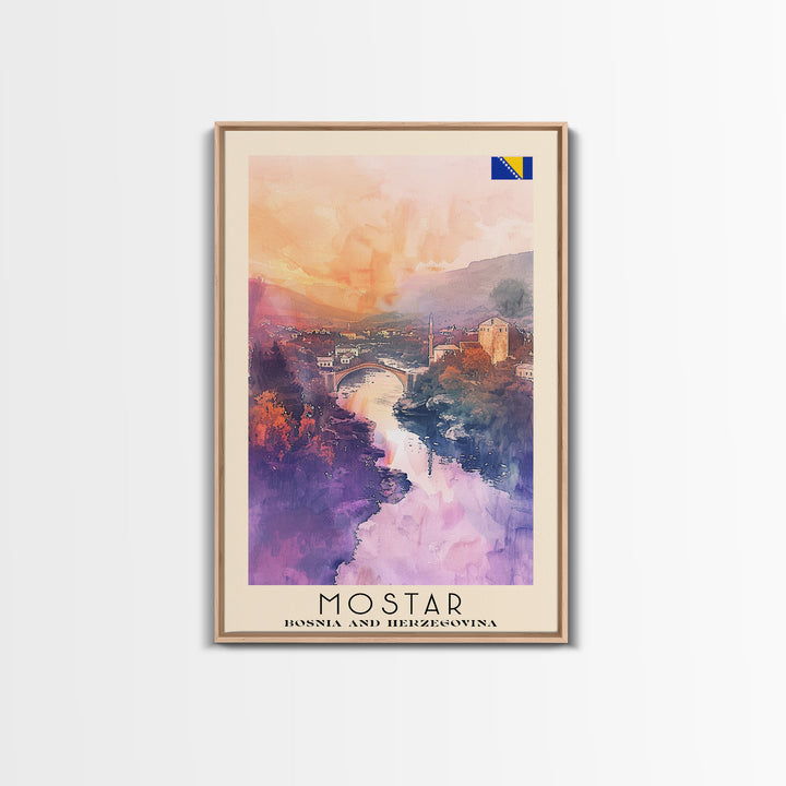 Mostar Bosnia Travel Poster Framed Canvas Print, Scenic Landscape, Watercolor Art, Wall Hanging, Home Decoration, Travel Print, Original Piece