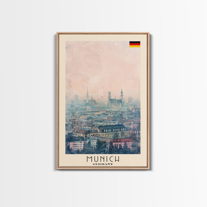 Munich Germany Travel Poster Framed Canvas Print, Iconic Cityscape, Watercolor Art, Wall Decoration, Home Decor, Travel Print, Artistic Piece
