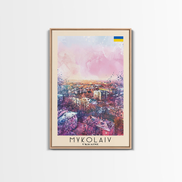 Mykolaiv Ukraine Travel Poster Framed Canvas Print, Urban Landscape, Watercolor Art, Wall Decor, Interior Decoration, Travel Print, Original Artwork