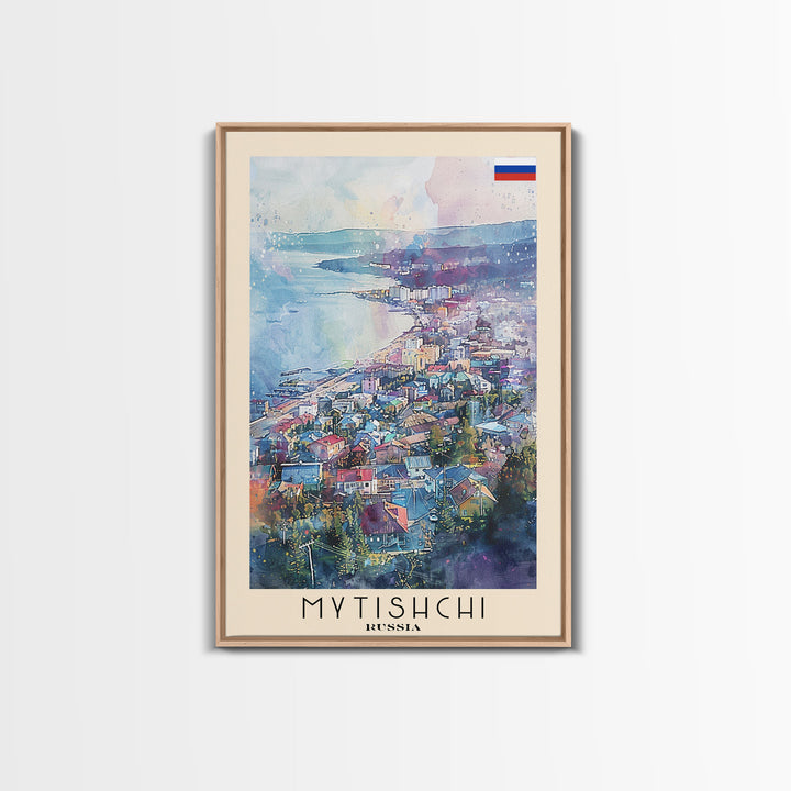 Mytishchi Russia Travel Poster Framed Canvas Print, Vibrant Cityscape, Watercolor Art, Wall Hanging, Home Decor, Travel Print, Unique Piece