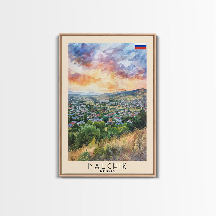 Nalchik Russia Travel Poster Framed Canvas Print, Sunset Watercolor Painting, Scenic Art, Vacation Wall Art, Living Room Decor, Unique Art