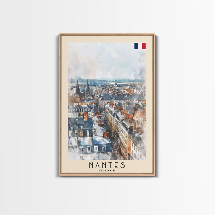 Nantes France Travel Poster Framed Canvas Print, Cityscape Watercolor Painting, Wall Art, Home Decor, Vacation Art, Urban Art, Unique Art