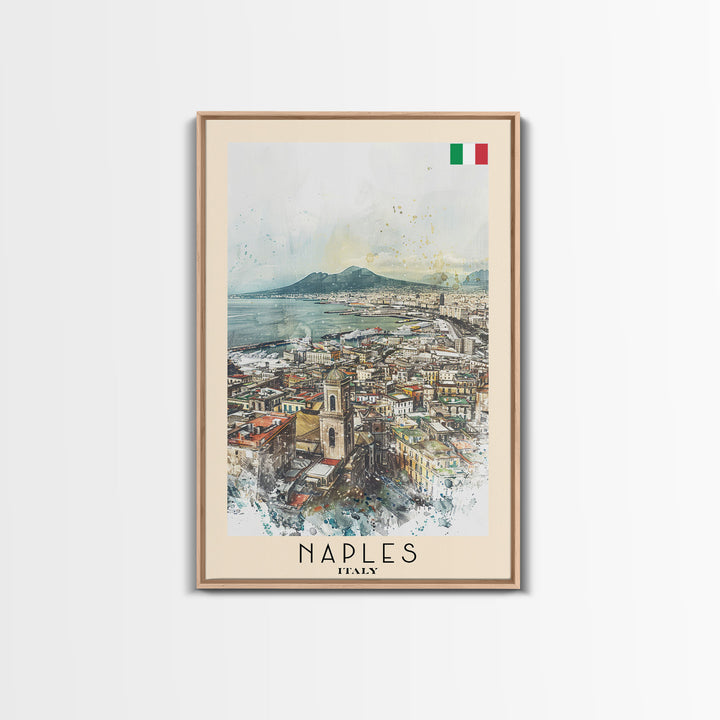 Naples Italy Framed Canvas Print, Scenic Travel Poster, Watercolor Painting, Coastal Wall Art, Home Decor, Vacation Art, Unique Art