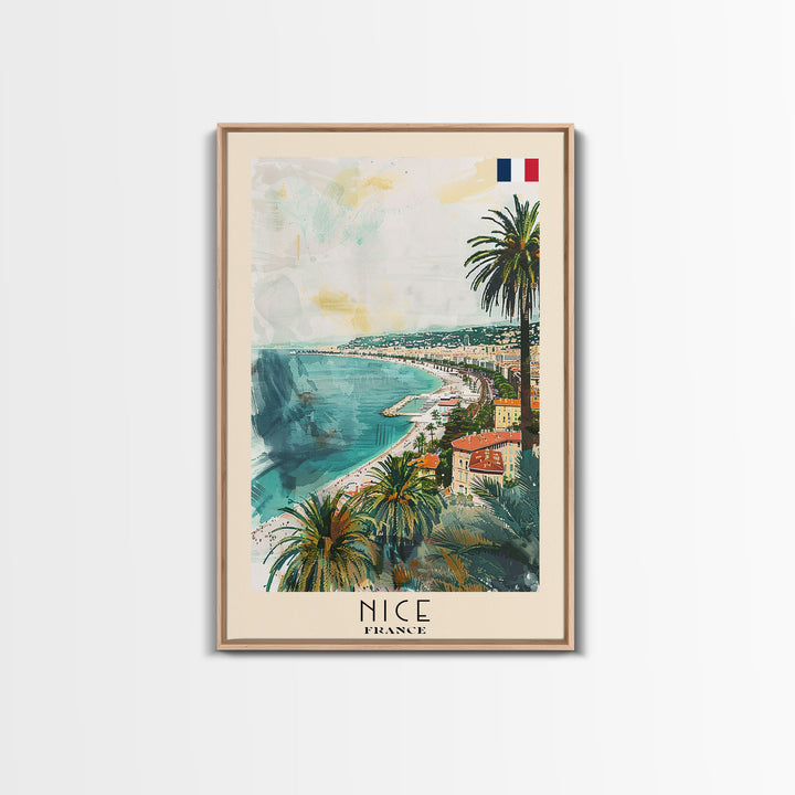 Nice France Travel Poster Framed Canvas Print, Coastal Watercolor Painting, Scenic Wall Art, Home Decor, Vacation Art, Unique Art