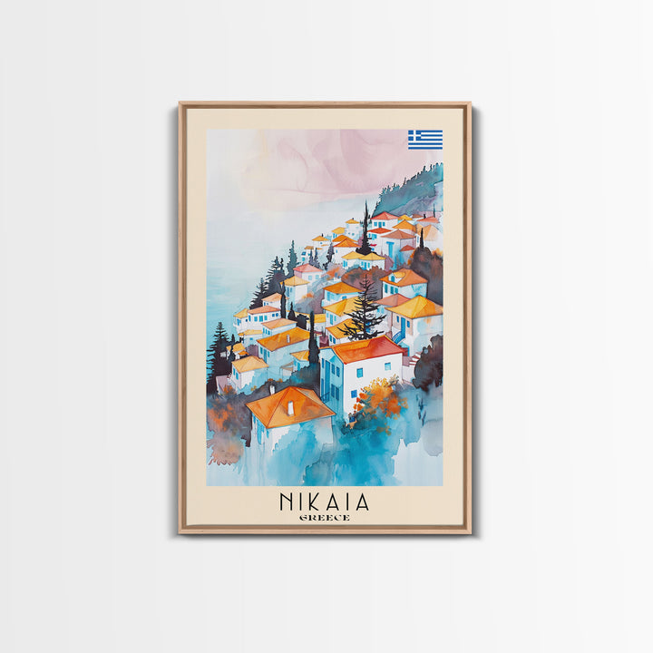 Nikaia Greece Framed Canvas Print, Boho Travel Poster, Watercolor Painting, Wall Art, Home Decor, Greek Scenery, Mediterranean Style