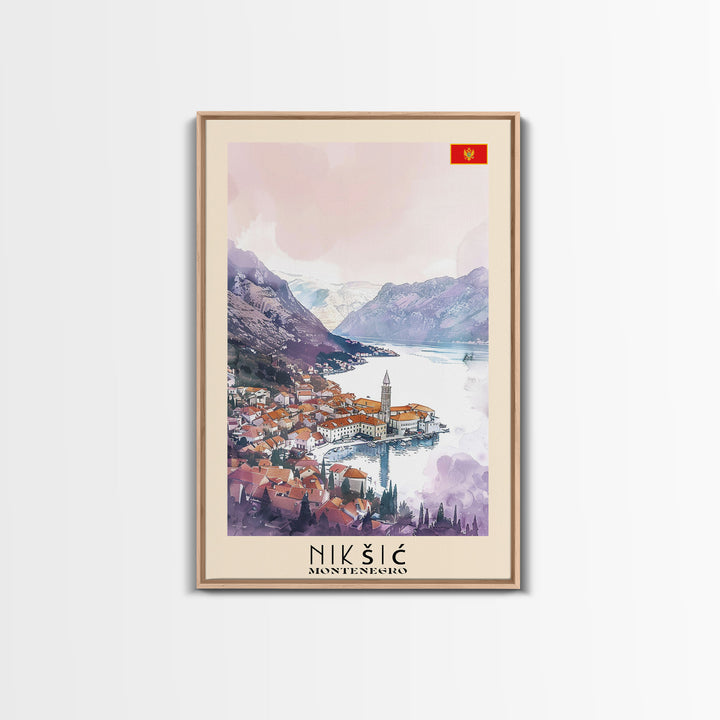 Niksic Montenegro Framed Canvas Print, Scenic Travel Poster, Watercolor Painting, Wall Art, Home Decor, Montenegro Landscape, Rustic Decor